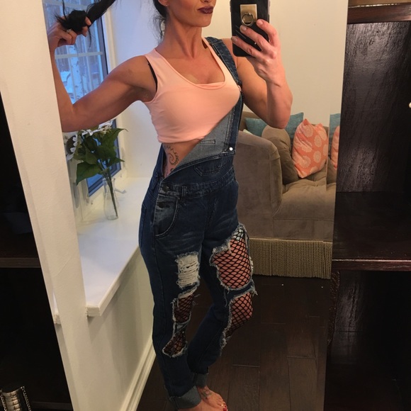 Fishnet insert boyfriend distressed denim overalls - Picture 4 of 8